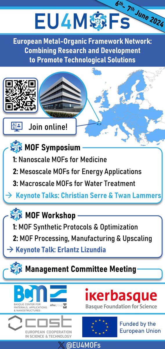 We are happy to inform you about the first hybrid event of the EU4MOFs COST Action: on the 6th and 7th June we will be hosting a MOF symposium as well as a MOF workshop at BC Materials in Bilbao, Spain. Follow the QR code to tune in online! @EU4MOFs @BCMaterials