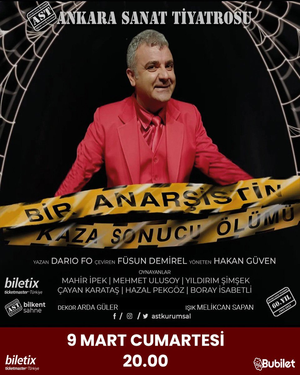 📣 AST Bilkent Sahne'de Bugün 📣 İtalyan yazar Dario Fo'nun ödüllü kara komedisi 'Bir Anarşistin Kaza Sonucu Ölümü' Mart ayında AST Bilkent Sahne'de. 📅 9 Mart Cumartesi 🕛 20.00 📍 AST Bilkent Sahne 🎟 biletix.com/performance/3A…