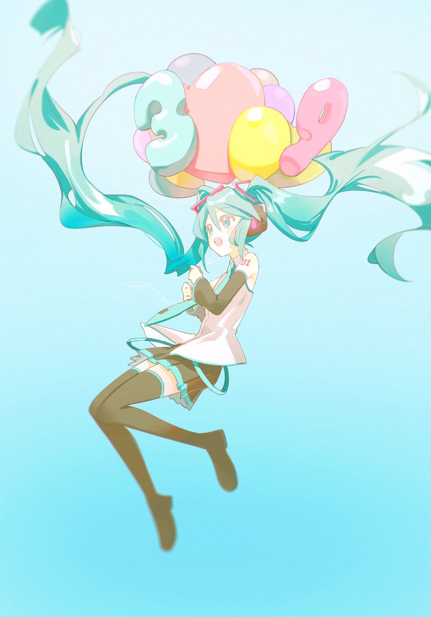 hatsune miku 1girl long hair skirt twintails balloon solo detached sleeves  illustration images