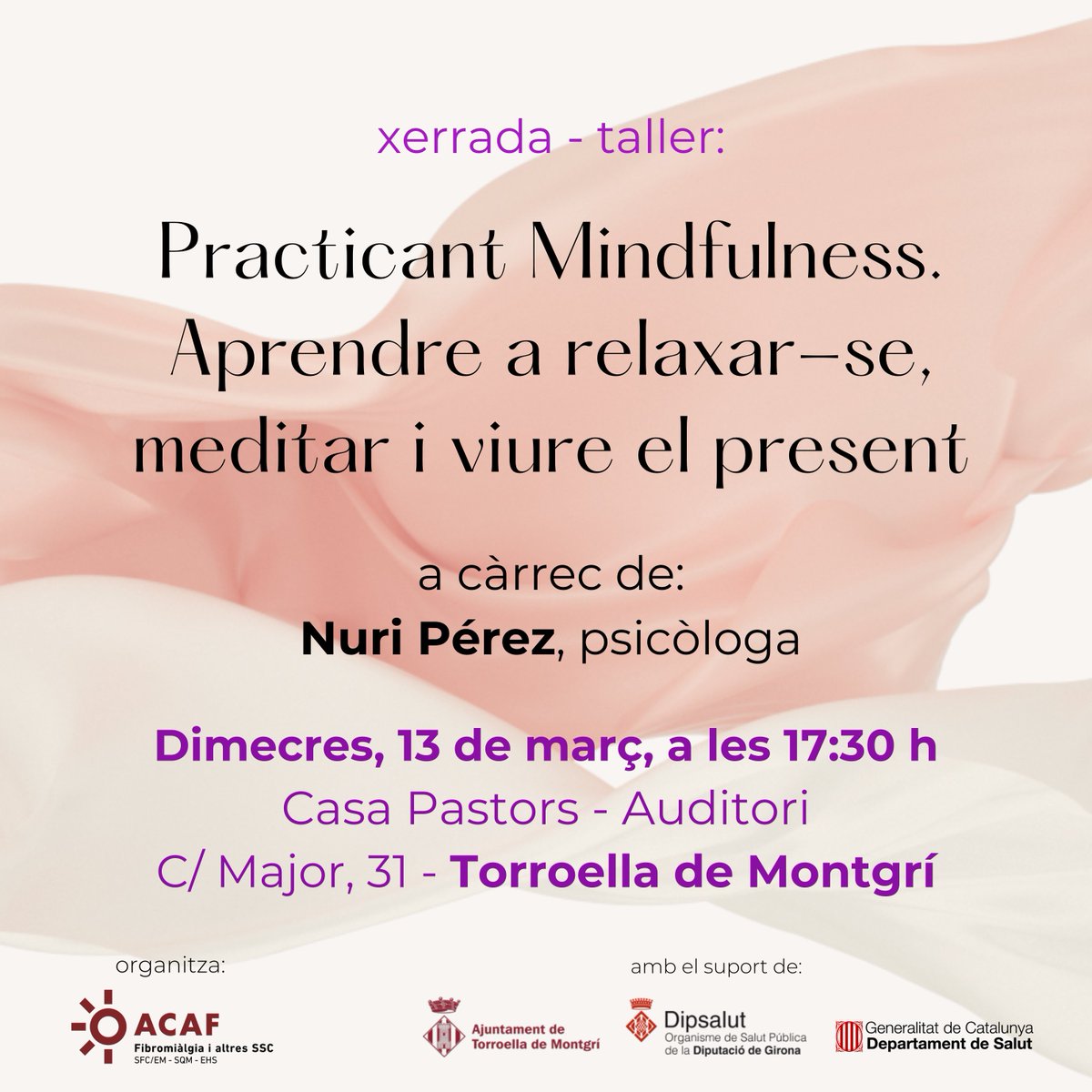 ➡️ Xerrada-taller presencial i gratuïta
👉 El dimecres, 13 de març de 2024, a les 17:30 h, a Casa Pastors de Torroella de Montgrí (Carrer Major, 31), la psicòloga especialitzada en #fibromiàlgia i altres #SSC, Nuri Pérez, oferirà una xerrada-taller per aprendre i practicar