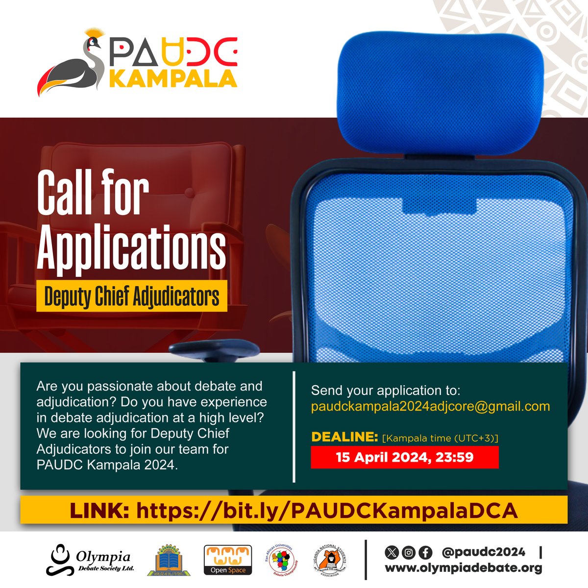 🌟 Call for Applications:🌟 Deputy Chief Adjudicators for PAUDC Kampala 2024! Are you passionate about debate and adjudication? Do you have a strong background in high-level debate adjudication? We are excited to invite you to join our team for PAUDC Kampala 2024 as a Deputy