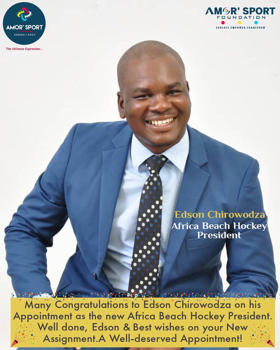 Breaking News 📣📢 New President! Many many Congrats @ChirowodzaEdson 💯 Congratulations to Edson Chirowodza on his Appointment as the new Africa Beach Hockey President. Well done, Edson & Best wishes on your new assignment. #amorsportzw #beachhockey #edsonchirowodza