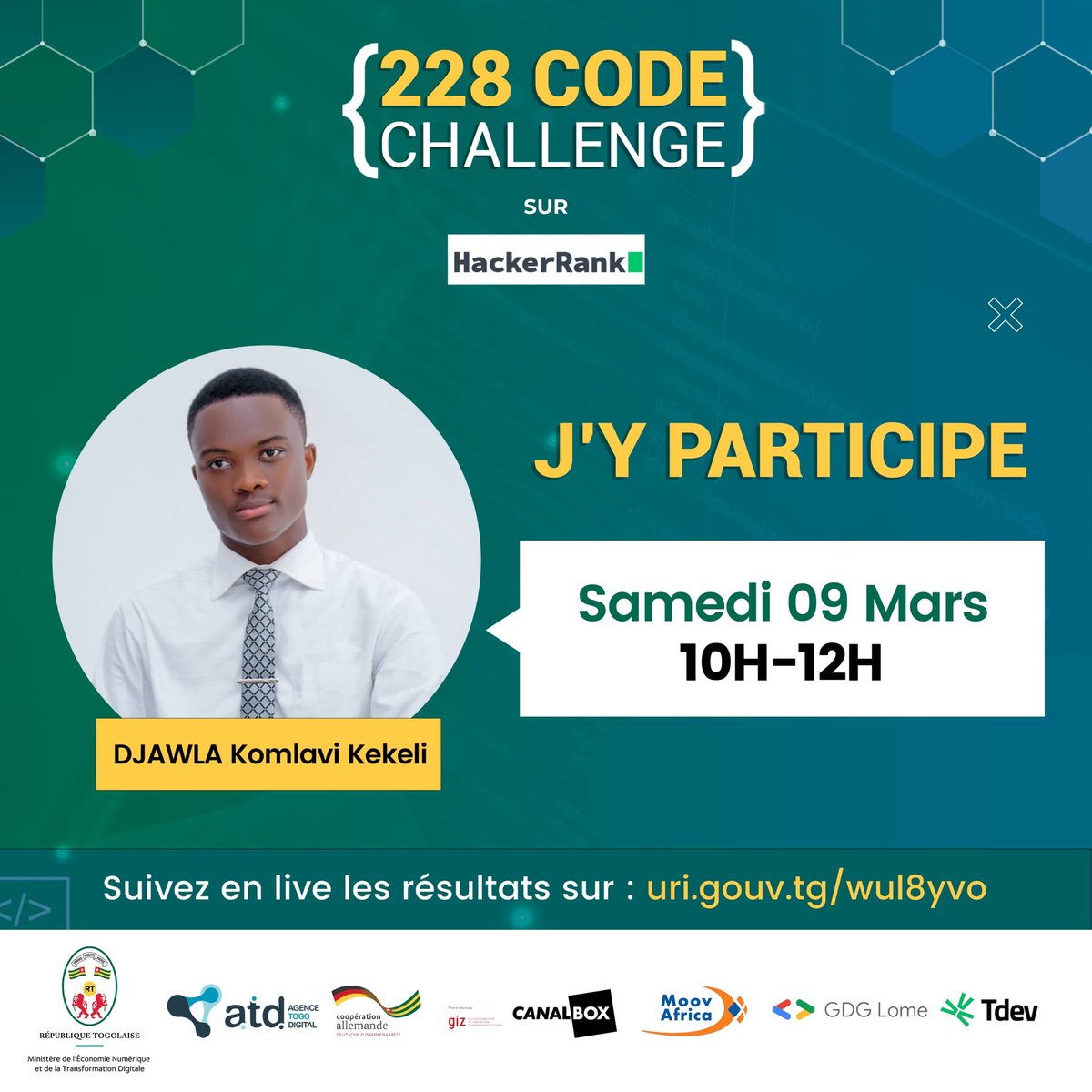 Jour-J du 228 Code Challenge !

Suivez en live le challenge : uri.gouv.tg/wul8yvo

<a href="/NumeriqueTG/">Ministère de l'Efficacité du Service Public 🇹🇬</a> | <a href="/giz_gmbh/">GIZ</a> | <a href="/moovafricatg/">Moov Africa Togo</a>  | <a href="/GDGLome/">GDG Lomé #IOLome2024</a>

#CodingChallenge
#228CodeChallenge
#ATD
#ProDigiT
#TechRevolution
#GizTogo
#Code
#Devs
#DevTogolais