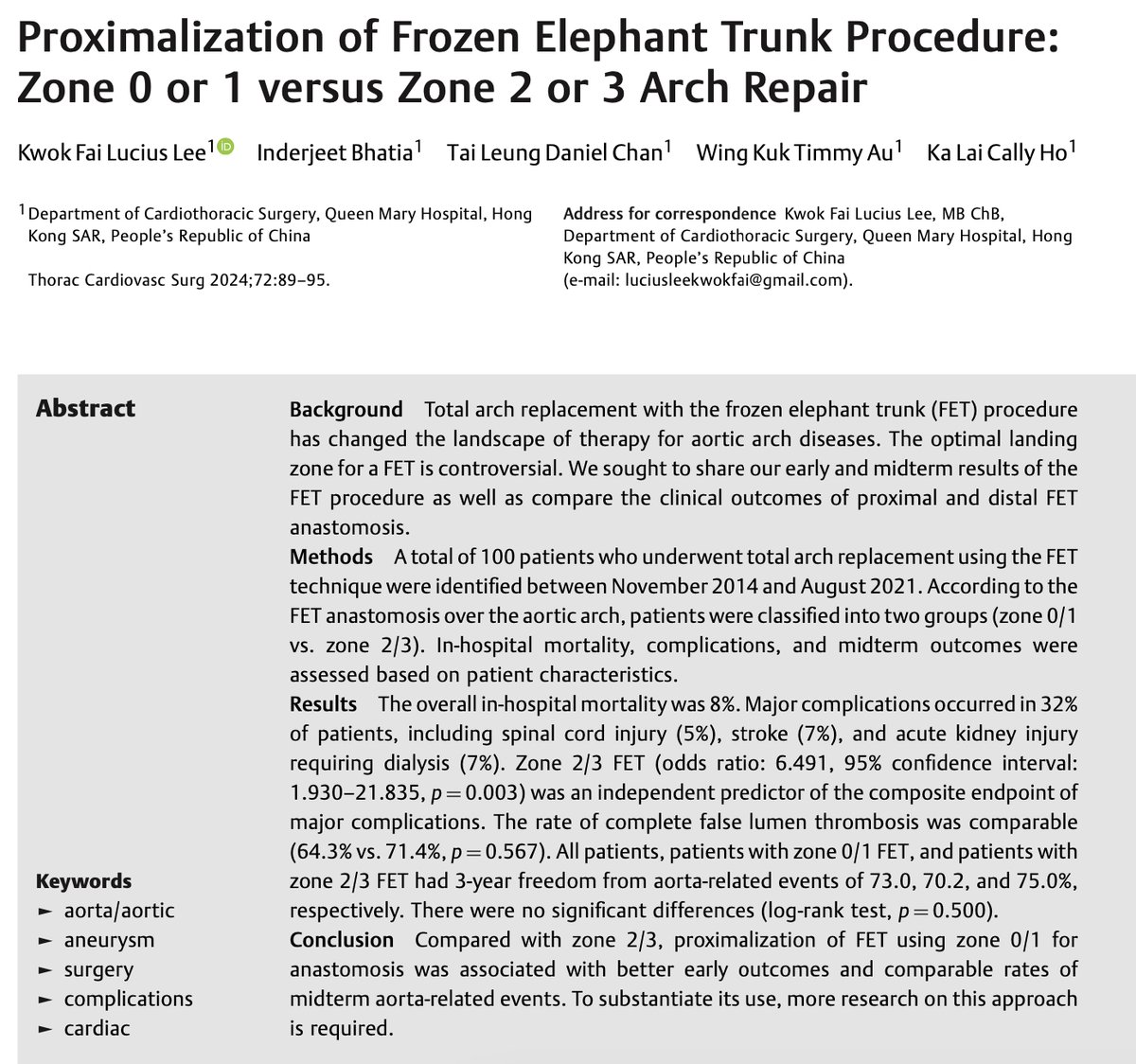TCSurgeon's tweet photo. 🔬 Exciting findings alert! 🔬

📝Lee et al delve into total arch replacement with the frozen elephant trunk (FET) procedure, revealing insights into optimal anastomosis zones and outcomes.

👉Proximalization in zone 0/1 shines for early success. More: https://t.co/W8aEP42VIK https://t.co/9NGbrPShQs
