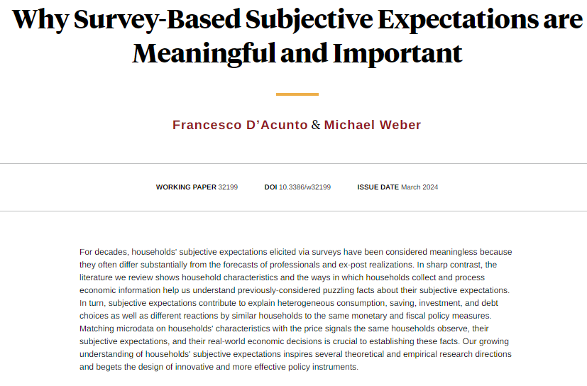 A review of literature— making sense of puzzling features of households' inflation expectations based on the information households acquire in local economic environments, from Francesco D’Acunto and Michael Weber nber.org/papers/w32199