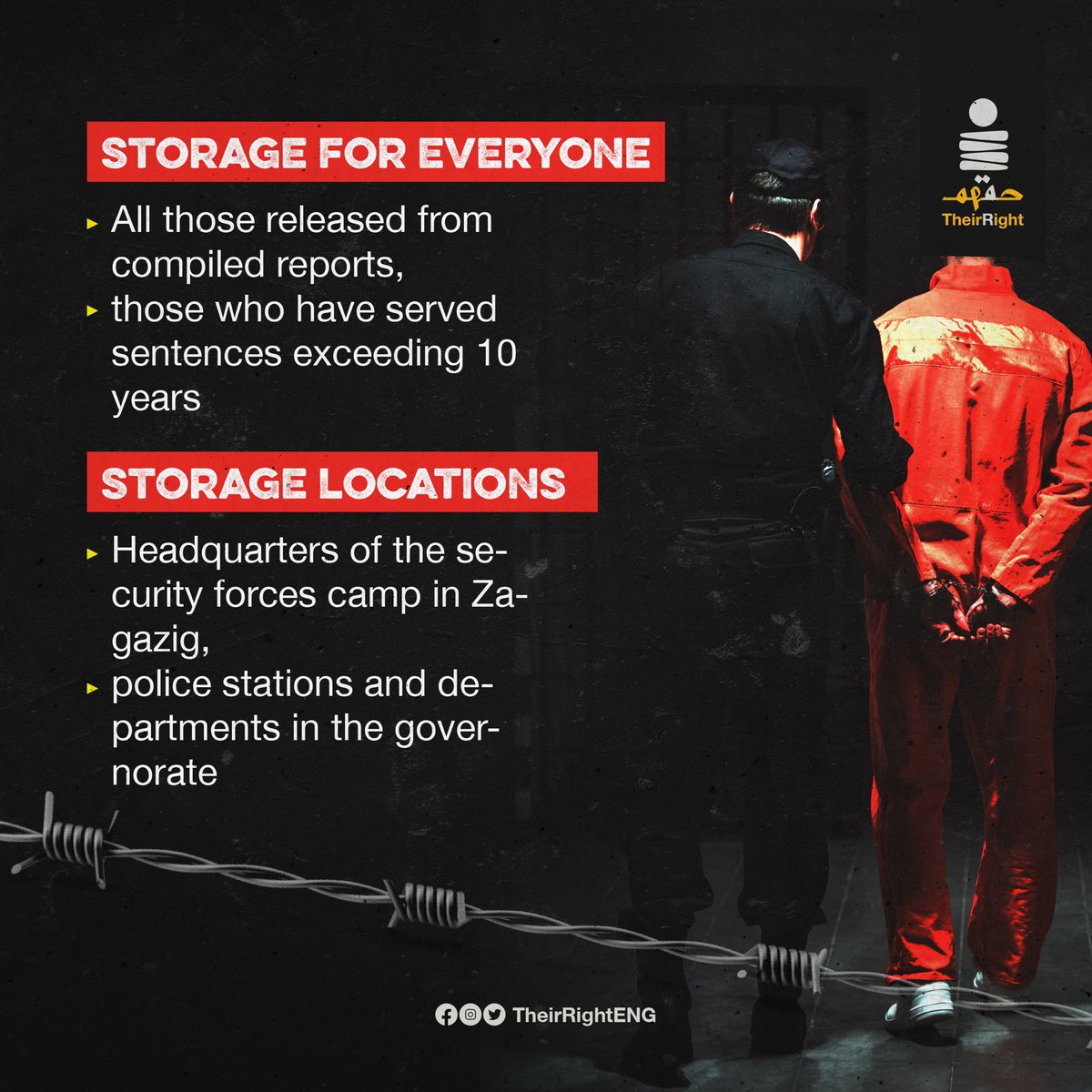 TheirRightENG's tweet photo. 🔴 The cycle of brutal torture and inhumane treatment, including stripping, continues among detainees being rotated in Sharkia Governorate, some of whom have been imprisoned for 11 consecutive years.

📌 Perpetrators often escape punishment, and incitement prevails. These practices fall within the realm of crimes against humanity, according to the Rome Statute of the International Criminal Court.

Rotation of compiled reports ‼️

📌 The use of compiled reports by the National Security Apparatus in Sharkia aims to prolong the detention of hundreds of detainees who have been granted release orders or have served sentences exceeding 10 years.

📌 This involves consolidating detainees, stored in refrigerated units, from various centers in the governorate into a single report. Despite many detainees being granted release orders after two years of imprisonment, in accordance with criminal procedural law, the joy of release is shattered at the doors of the dark rotation tunnel.

📌 It's worth noting that the wait in refrigerated units for rotation is rife with horrific violations, making a return to prison the ultimate fear for detainees.

#TheirRight
#FreeThemAll