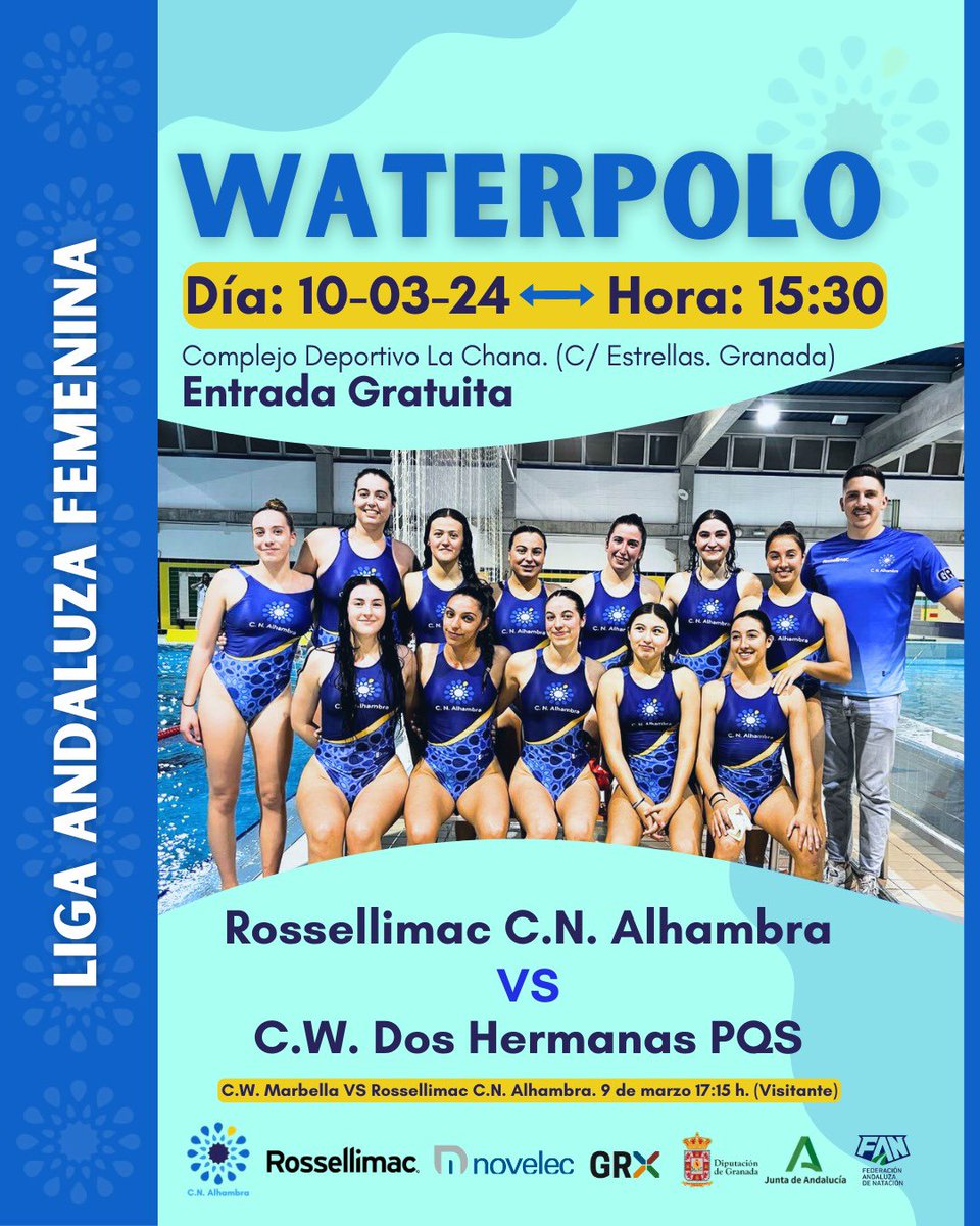 🤽🏻‍♀️Rossellimac Club Natación Alhambra 🔛 Club Waterpolo Dos Hermanas PQS
📆 Domingo 10 de Marzo
⏰ 15:30 h 
📍Piscina Complejo Deportivo La Chana 
🏆 Liga Andaluza Femenina
👉🏻 𝙀𝙡 𝙨á𝙗𝙖𝙙𝙤 𝙚𝙡 𝙚𝙦𝙪𝙞𝙥𝙤 𝙨𝙚 𝙚𝙣𝙛𝙧𝙚𝙣𝙩𝙖 𝙖 𝙡𝙖𝙨 17:15 𝙖𝙡 𝘾𝙒 𝙈𝙖𝙧𝙗𝙚𝙡𝙡𝙖
