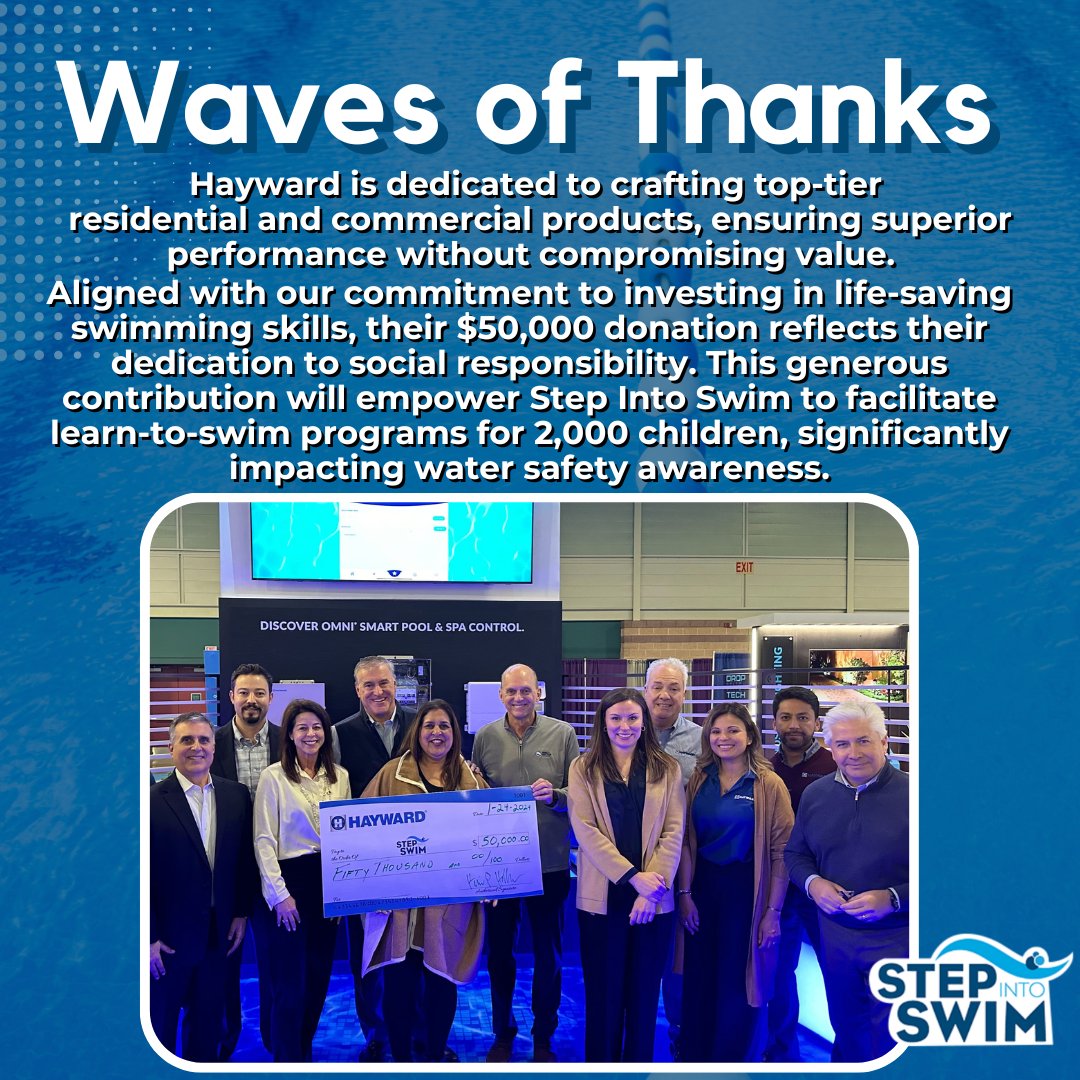 A big Wave of Thanks to @HaywardPool for 80 years of pool innovation & partnership with @ThePHTA. Their $50K donation to Step Into Swim reflects their commitment to social responsibility, teaching 2k+ kids life-saving water safety skills. #StepIntoSwim #WaterSafety #WaveOfThanks