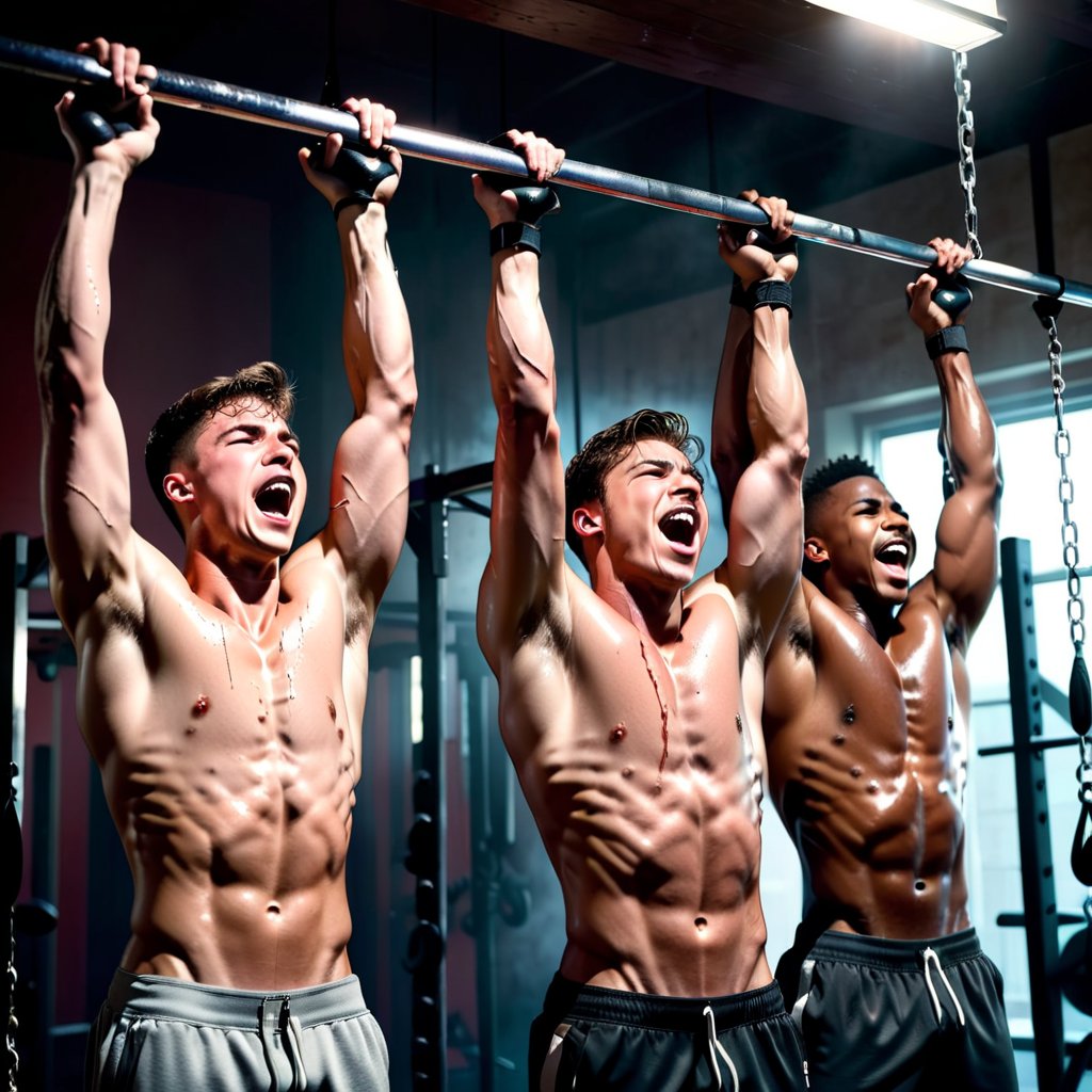 SweatCommander's tweet photo. Commander lines the boys up on the pull-up bars and starts the timer.

If any of them let go before time is up, the whole unit gets an extra training session today.

#aiart #kink #workoutkink #fetish #forcedworkout #bdsm https://t.co/y7Pblw7WN2