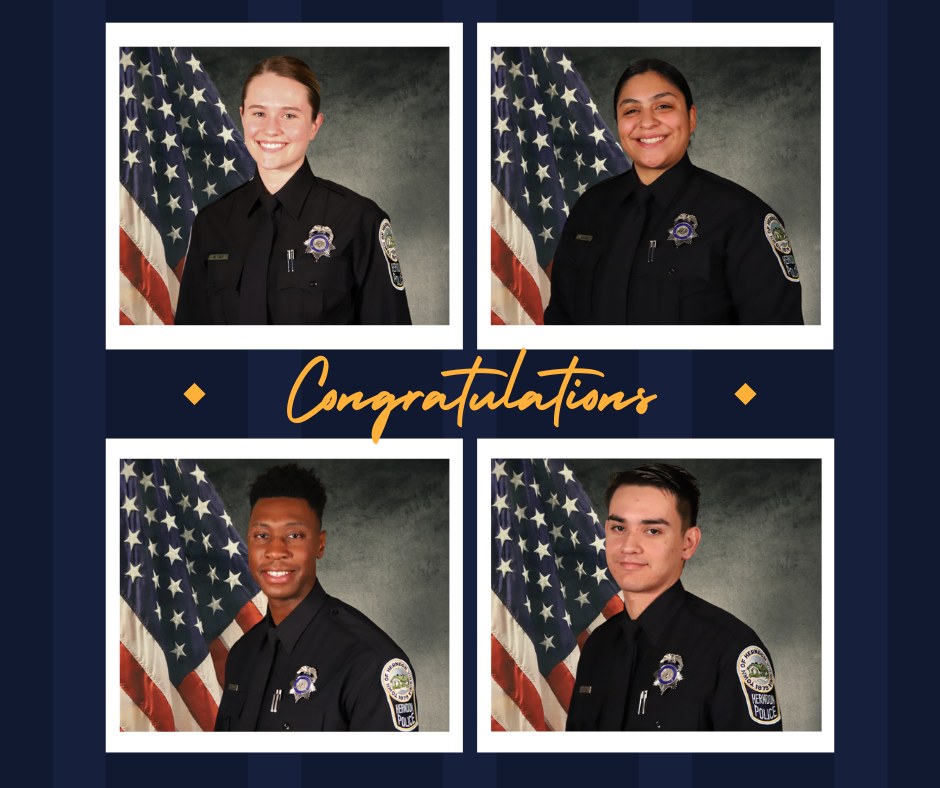 HerndonPolice's tweet photo. Congratulations to Officers Cole, Navarro, Pierre, and Salgado on their graduation! They will enter into Field Training soon, so make sure to say hello when you see them around town. Congrats, Officers! https://t.co/n3bUDJXIEr