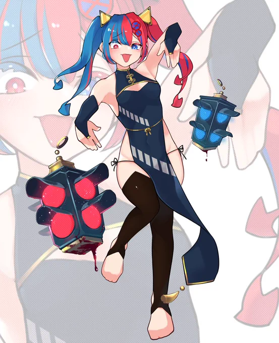 「変身する女の子VS日本現代妖怪」みたいなシリーズの3キャラ目(変身後)完成! ※味方です。赤信号で相手の動きを封じる的な_(:3 」∠)_ #イラスト #キャラデザ #一次創作 