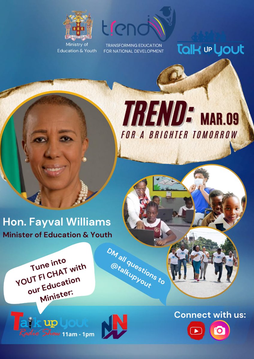 Minister of Education and Youth, Fayval Williams, joins the Talk Up Yout team today at 12:30 p.m. to discuss the transformation of Jamaica’s education sector, T.R.EN.D. Tune in!