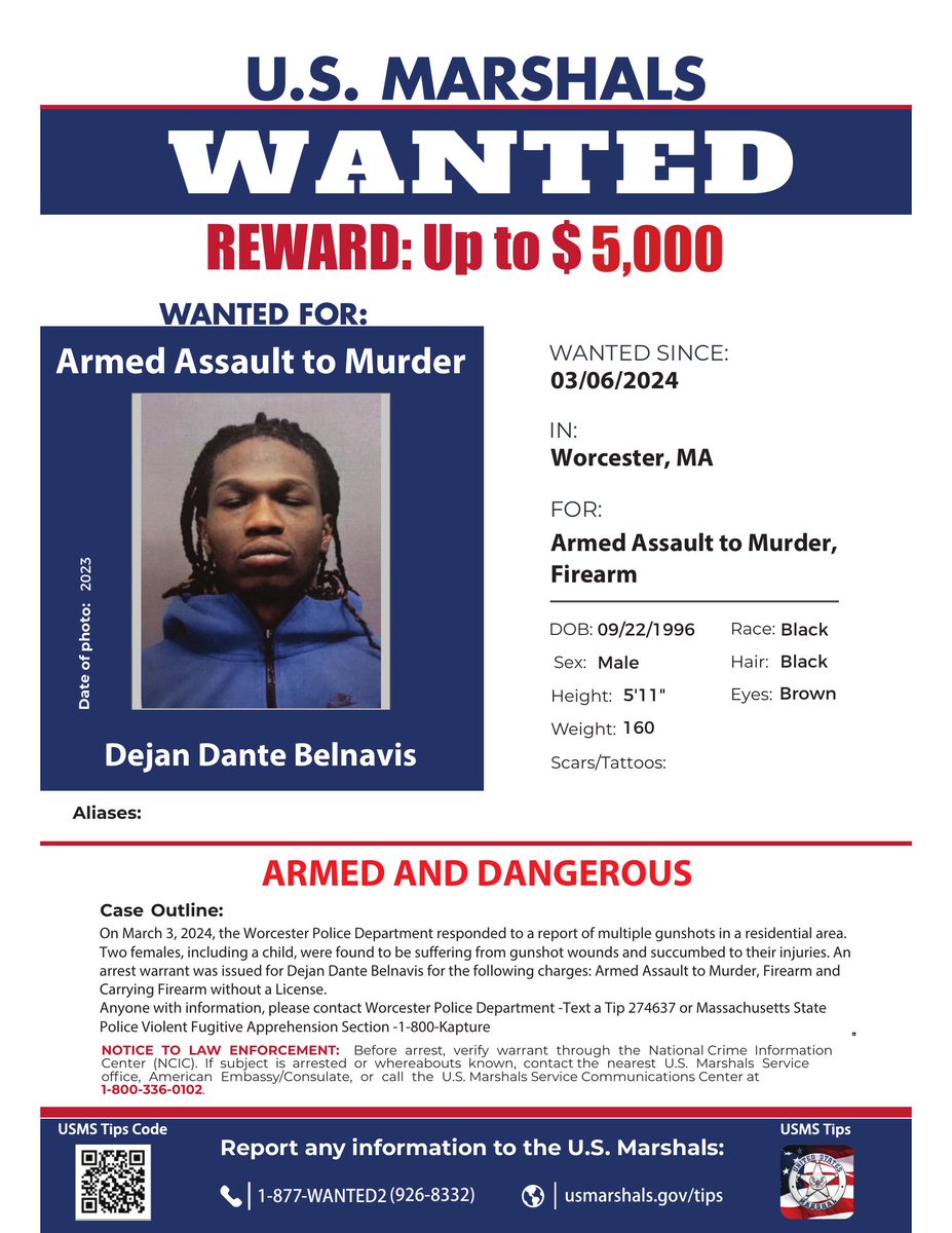 Anyone with information on the whereabouts of Dejan Dante Belnavis (27), please contact the Worcester Police Department -Text a Tip 274637 or Massachusetts State Police Violent Fugitive Apprehension Section -1-800-Kapture (1-800-527-8873). <a href="/WorcesterPD/">Worcester PD</a> <a href="/MassStatePolice/">Massachusetts State Police</a>