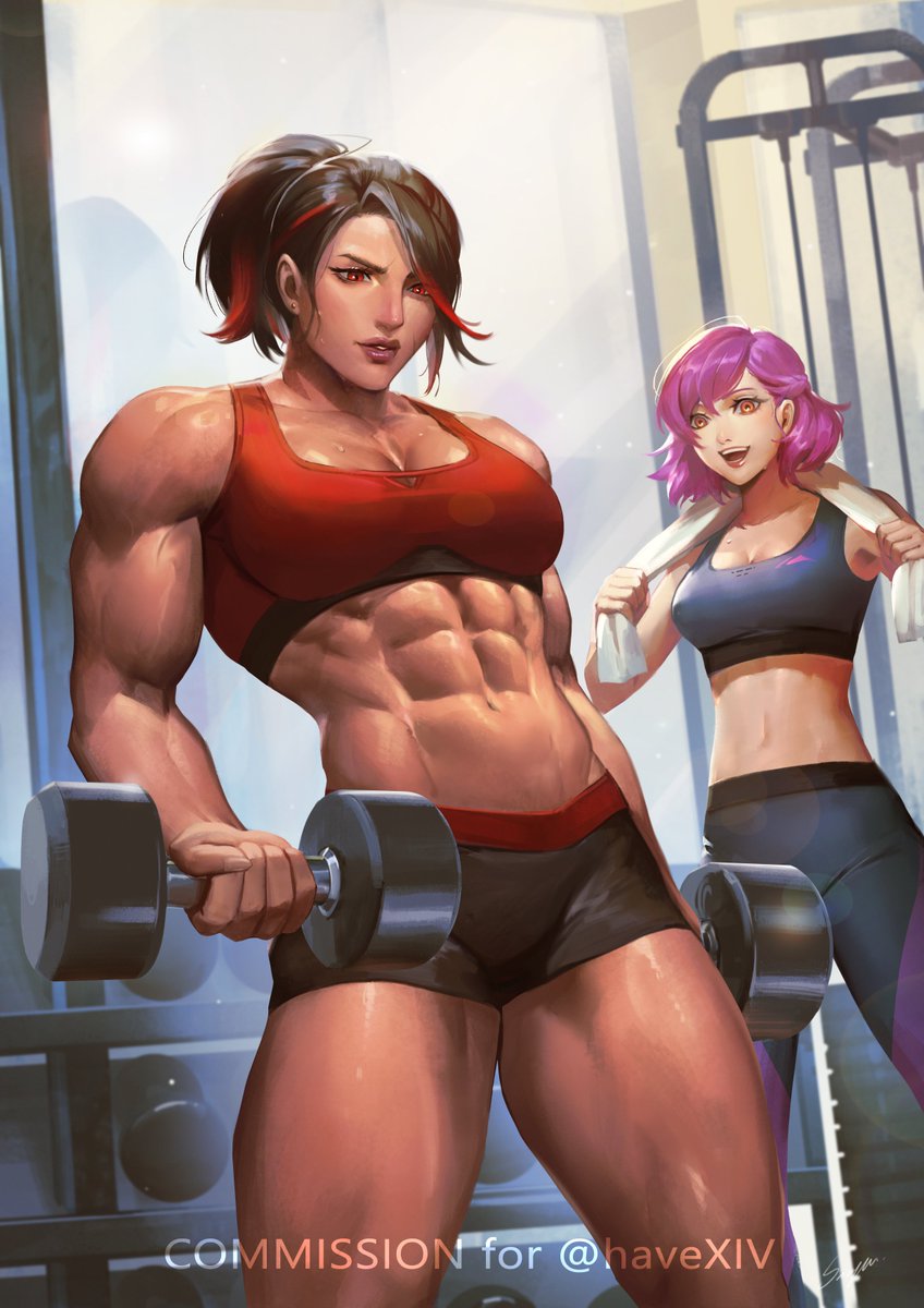 Workout together!💪 Commission for @haveXIV Thank you so much!!!😊 #myoc #SAYA #ffxiv #commission #workout #gym