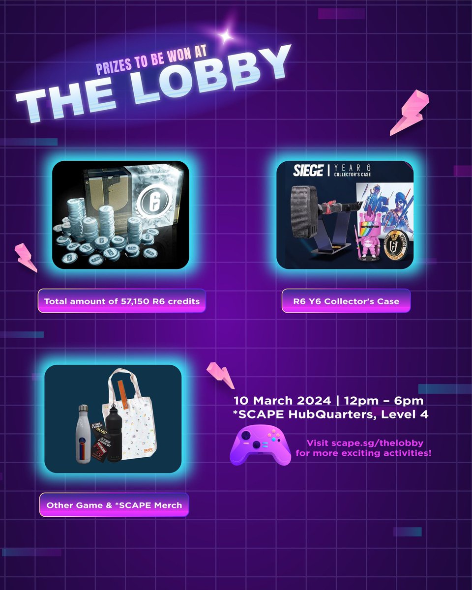 R6SC_SG's tweet photo. Join us for an epic community event tomorrow at *SCAPE featuring gaming &amp; streaming communities here in Singapore! From 'Free to Play' zones to thrilling show matches, workshops, and exciting prizes, it's a day you don't want to miss!  

Register here: https://t.co/7hB0h0Tf5v https://t.co/3fncQViTOt