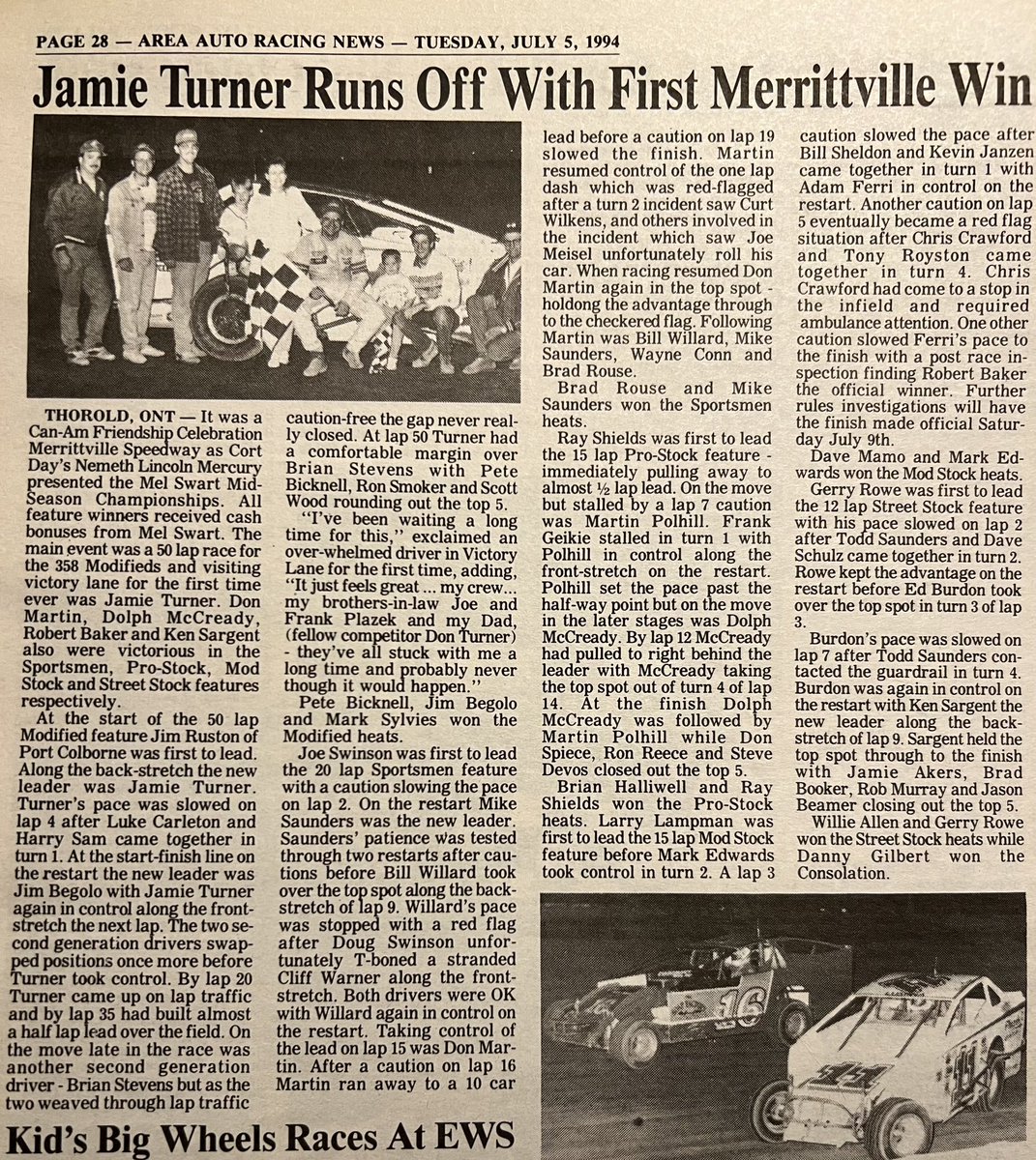 RaceStatCentral's tweet photo. Continuing through 1994…On July 3, Jamie Turner won his first race @Merrittville in a 50-lap special! @11TeamTurner19 
🗞️@aarn 📸 Alex &amp; Helen Bruce Photos https://t.co/IMjrmXcpXc