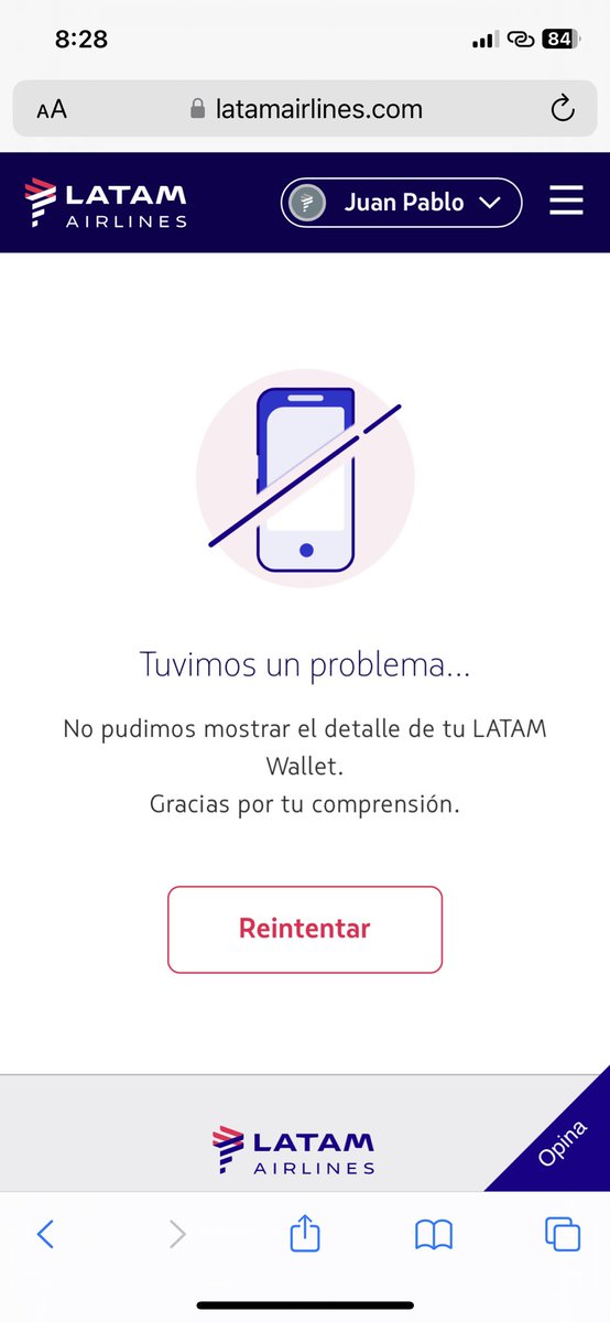 jpsanchezs's tweet photo. @LATAM_CO hay problemas con el LATAM Wallet? Llevo dos días intentando usarlo y siempre me encuentro con esta pantalla. https://t.co/epDHlBOrPJ