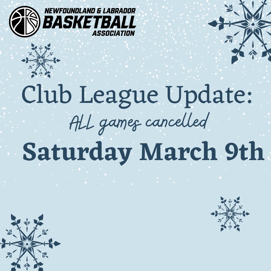 nlbasketball's tweet photo. Due to ongoing travel advisories and weather concerns ALL #NLBA Club League games are cancelled today.  Stay home &amp; warm! https://t.co/m5gCG7D7aM