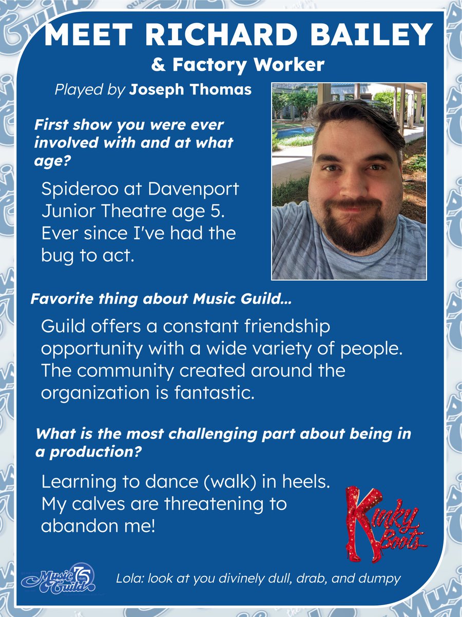 QCMusicGuild's tweet photo. Shining the spotlight on some of Kinky Boots’ cast and Crew! Meet Joseph Thomas playing Richard Bailey!

Tickets are already on sale and can be purchased at https://t.co/b4XTNGOJZ9; or by calling the box office at 309-762-6610. 

#qctgatswhere #qcathatswhere #moline #quadcities https://t.co/VktRAy28J3