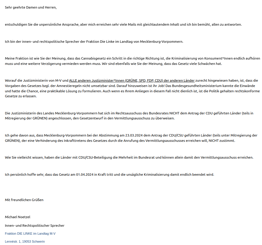 uihuihuih223171's tweet photo. Antwort Linke MV auf Mail @hanfverband 

"Ich  gehe davon aus..  Mecklenburg-V...bei der Abstimmung am  23.03..dem Antrag der CDU/CSU.. Länder..., der eine Verhinderung  des Inkrafttretens des Gesetzes durch die Anrufung des  [VA] erreichen will, NICHT zustimmt." https://t.co/2Axzig67nz