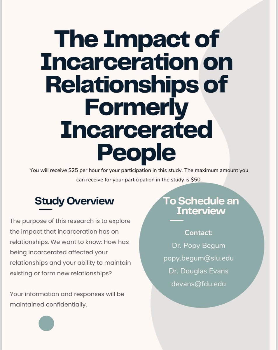 📣 My colleague Popy Begum (St Louis University, US) is exploring the impact of incarceration on relationships and is looking for people with lived experience who would be willing to talk to her. Details below 👇🏽