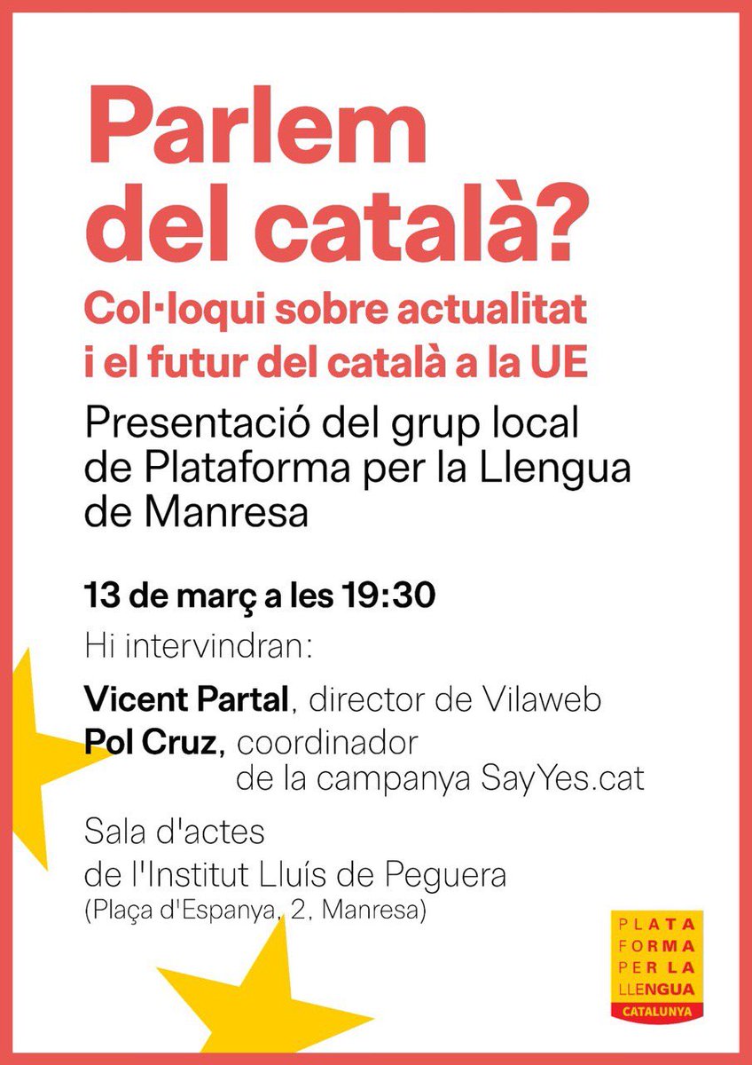 Martometro's tweet photo. Per si no us ha arribat: presentem el grup local de Plataforma per la Llengua a Manresa. Us hi esperem a tots!!! #manresa #català https://t.co/lbgTYtaO1F