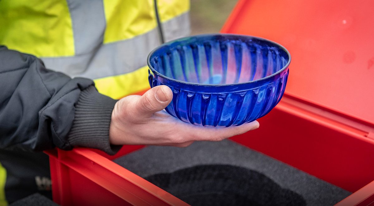 A 2000-year-old Roman blue glass bowl unearthed in pristine condition at an archaeological dig in Nijmegen in 2021.