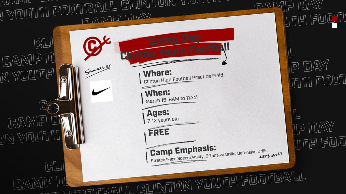 PreRegistration begins at 8:45 am Sat March 16.  Meet some of the coaches that will be coaching the Clinton Youth Football Program and have fun learning a little football. FREE. For ages 7-12