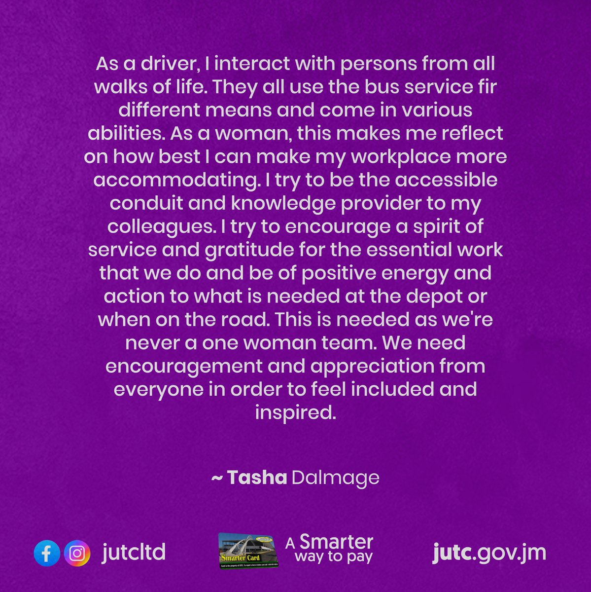 Today, our woman in the spotlight is Ms. Tasha Dalmage, one of our exceptional drivers! 🚌 Let's celebrate these remarkable women who ensure bus rides are safe in the city! #WomenInTransport #JUTC #PublicTransportHeroes
