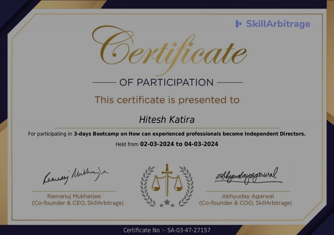 hitz37's tweet photo. I have received the "Certificate of Participation in Bootcamp on Independent Directors" certification from the Institute of SkillArbitrage #SkillArbitrage #independentdirectors https://t.co/Vmp8pdoxvZ