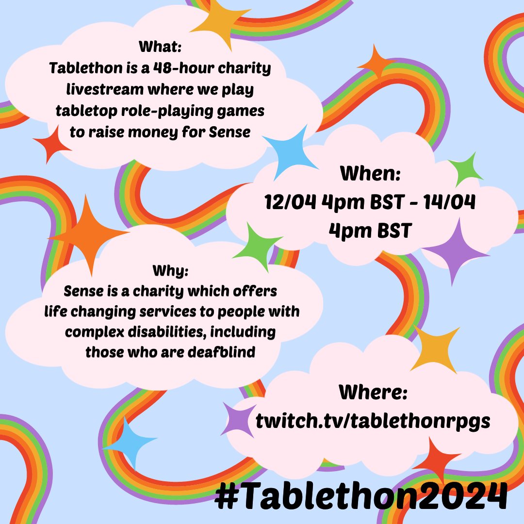 TablethonRPGs's tweet photo. It's #Tablethon2024! We're back again to raise more money for Sense by streaming TTRPGs for 48 hours across 4pm BST 12th April to 4pm BST 14th of April on Twitch (https://t.co/u1pVvCShsT)

Sense is a charity which offers life changing services to people with complex disabilities. https://t.co/YDP721CTHo