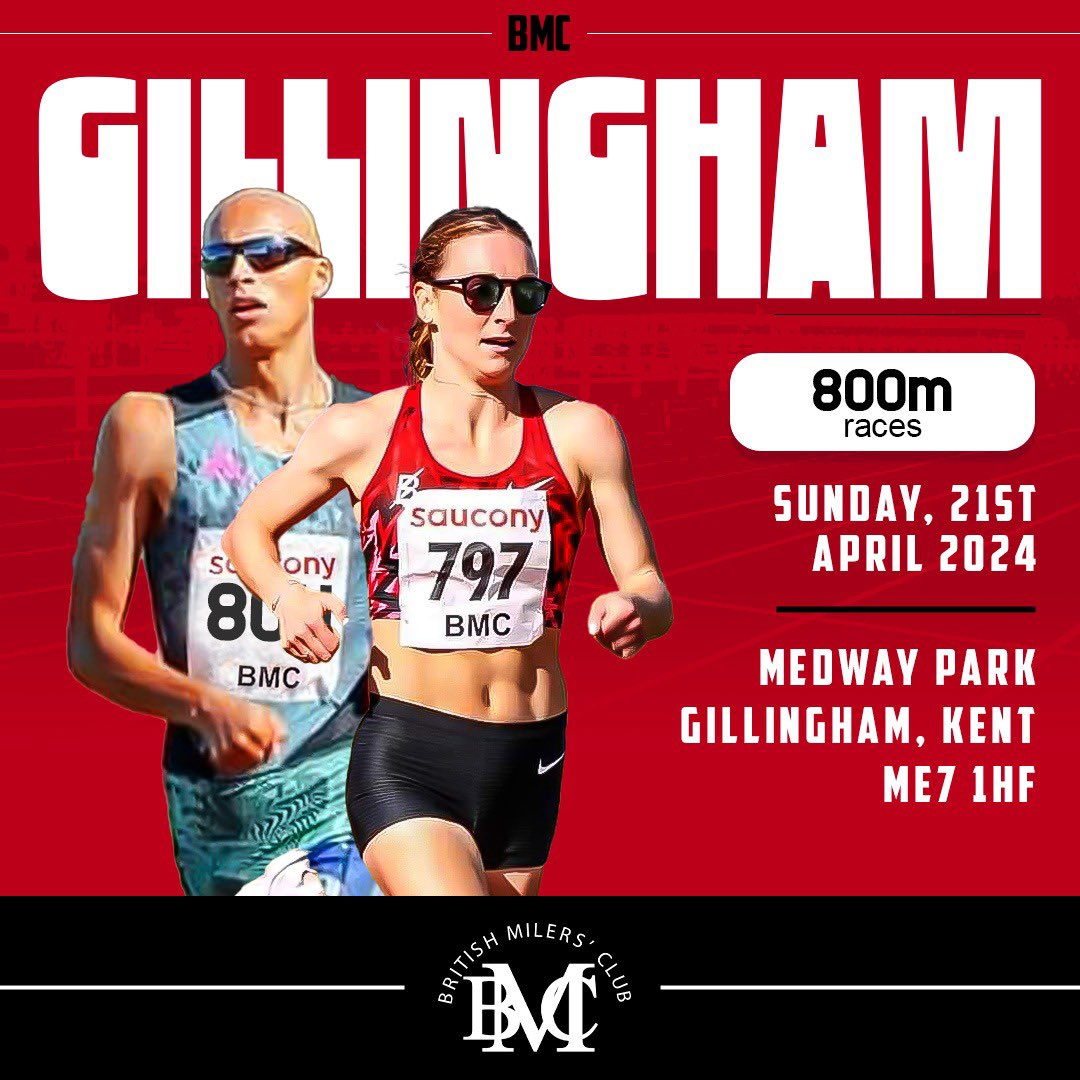 Entries are now open for the first BMC outdoor races of 2024. We are holding 800m races on Sunday 21st April at Medway Park, Gillingham, Kent, ME7 1HF, with the kind permission of Medway and Maidstone AC. The first race is at 3pm.