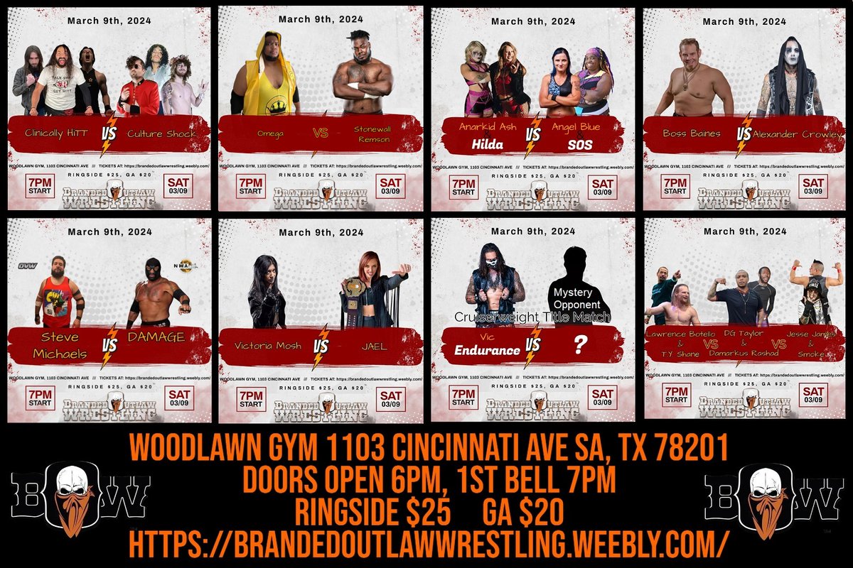 Tonight! 8 Matches Doors open 6pm 1st Bell 7pm Branded Outlaw Wrestling at Woodlawn Gym 1103 Cincinnati Ave. 78201 Also Bobby Fish will be having an Autograph signing meet & greet!