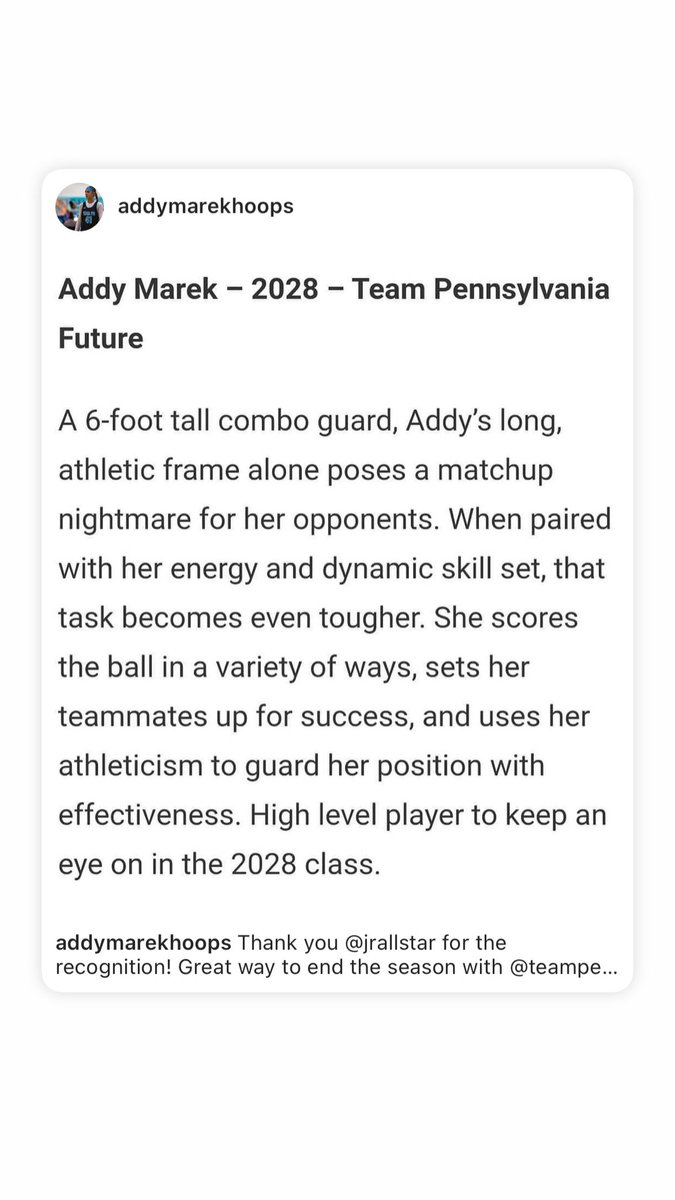 Addy Marek (@addymarekhoops) on Twitter photo Thank you <a href="/JrAllStarBB/">Jr. All-Star Girls Basketball</a> for the recognition. It was a good winter! <a href="/se_winterseries/">Winter Series</a> <a href="/KPannell71/">“KP”</a> <a href="/TEAMPAHOOPS/">TEAM PENNSYLVANIA</a> big things ahead for spring and summer. Back to work! Thank you <a href="/JrAllStarBB/">Jr. All-Star Girls Basketball</a> for the recognition. It was a good winter! <a href="/se_winterseries/">Winter Series</a> <a href="/KPannell71/">“KP”</a> <a href="/TEAMPAHOOPS/">TEAM PENNSYLVANIA</a> big things ahead for spring and summer. Back to work!