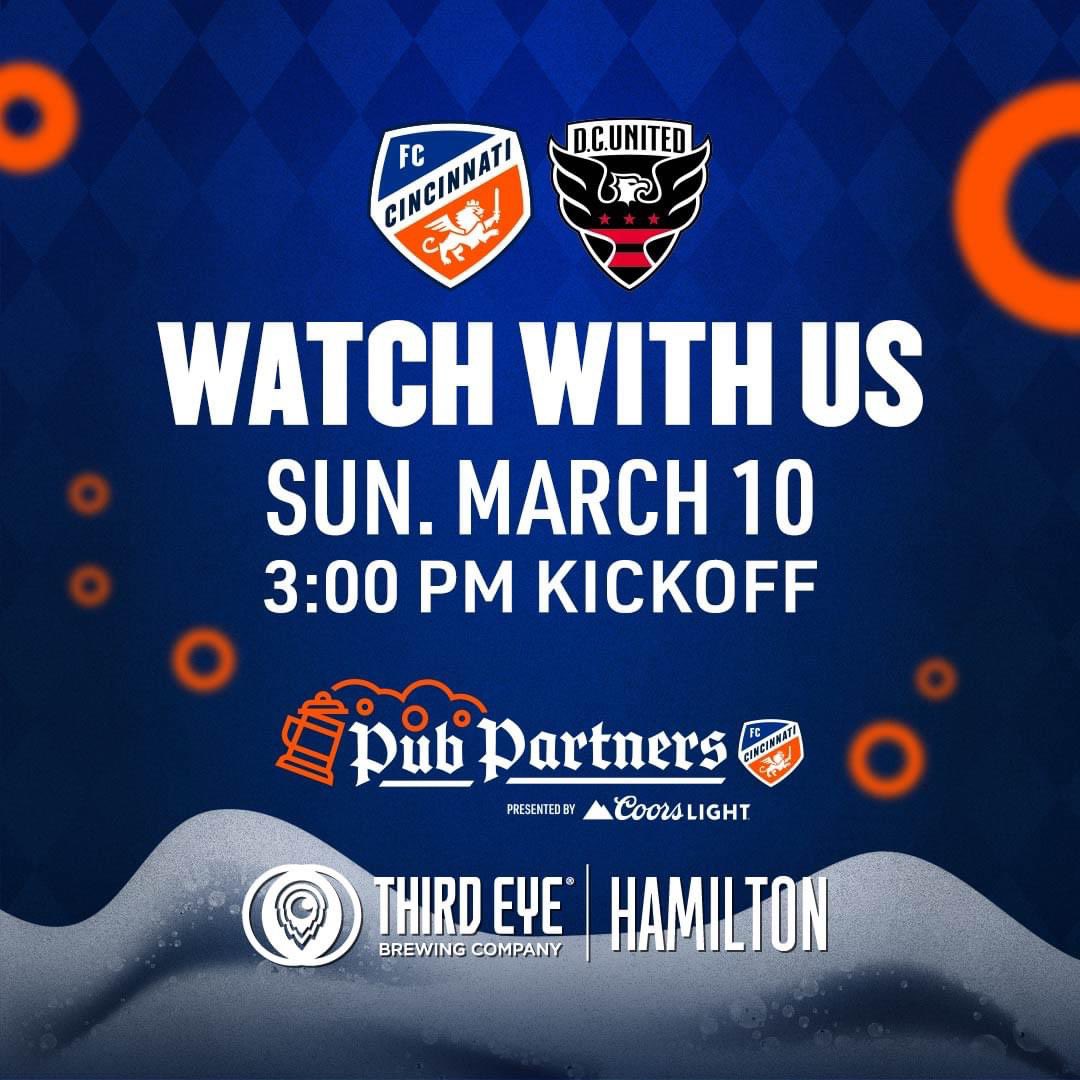 We are excited to announce Third Eye Hamilton is an official @fccincinnati Pub Partner! As a Pub Partner, we will be hosting FC Cincinnati Watch Parties for EVERY home and away regular season matches so join us tomorrow at 3PM as FC Cincinnati take on D.C.! Here We Go! ⚽️🍺🍔