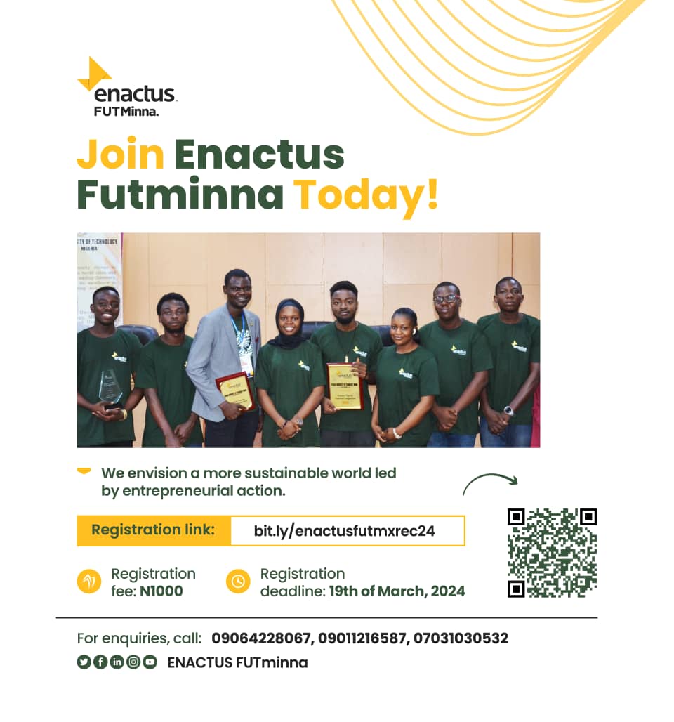 enactusfutmx's tweet photo. Enactus FUTMinna Recruitment Alert 🌟

Dear Enthusiastic FUTMinna Students,
Exciting news! 🎉 Enactus FUTMinna is thrilled to announce that we have officially kicked off the recruitment process for new members. https://t.co/0RzVSxZQy8