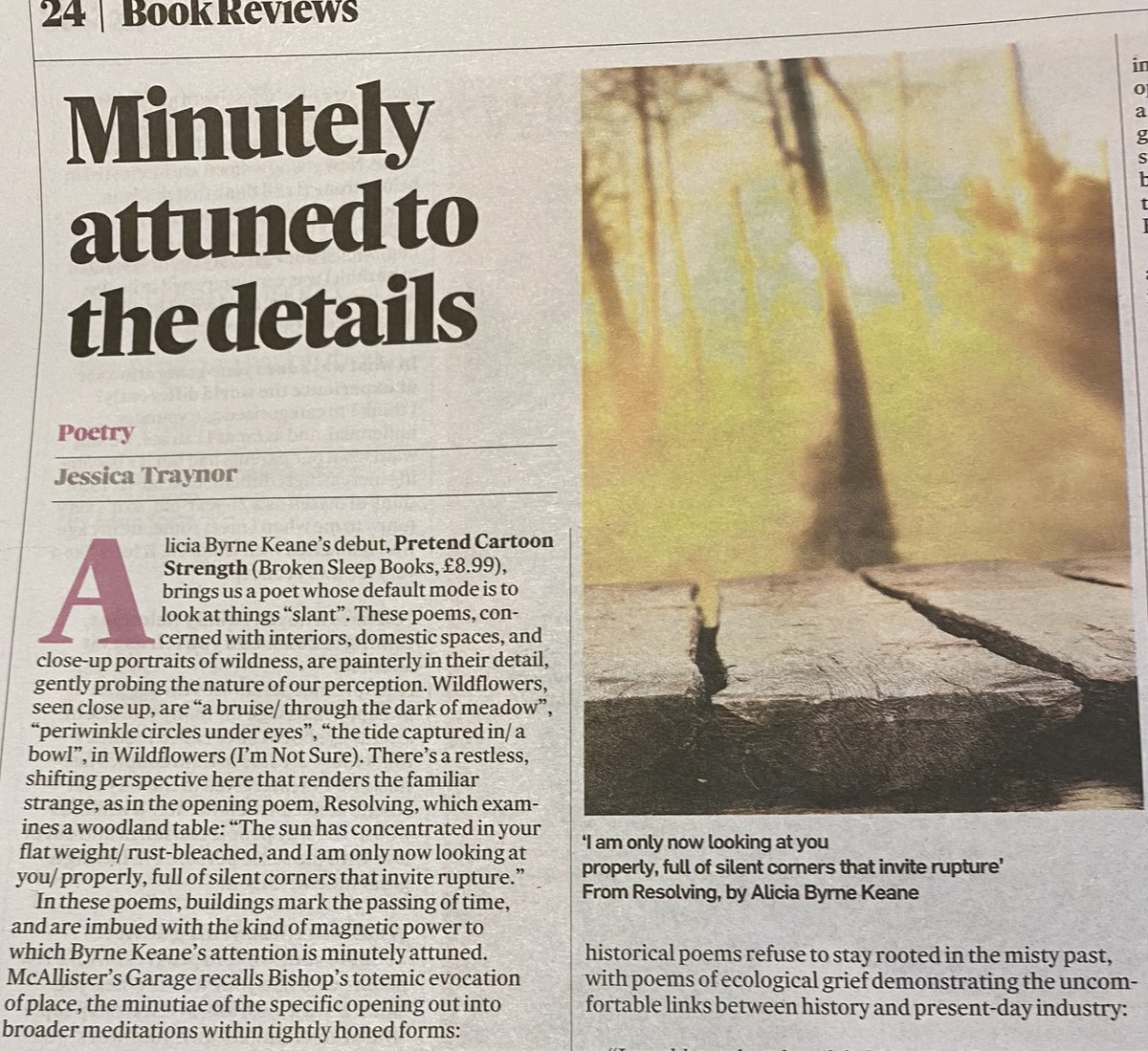 @keane_byrne 'Pretend Cartoon Strength' from @brokensleepbooks has been reviewed today in @IrishTimes @IrishTimesBooks by @JessicaTraynor6, compares Alicia Byrne Keane's debut poetry collection to that of Elizabeth Bishop !