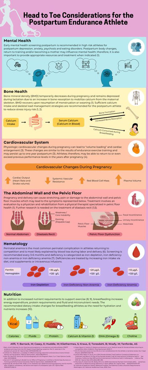 ⚠️ Head to toe considerations for the postpartum endurance athlete 🤰 🏃‍♀️ Fantastic new #Infographic with thanks to @AfifiToqa and team 👏 🧠 Mental health ✅ Bone health ❤️ Cardiovascular system 💪 Pelvic floor 🔴 Haematology 🌭 Nutrition Read more ➡️ bit.ly/4cbudFx