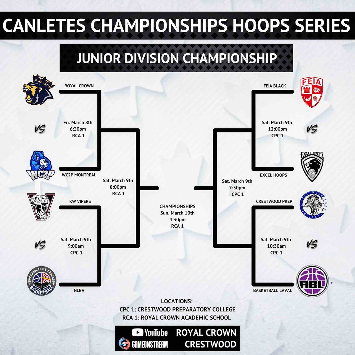 Canletes_Sports's tweet photo. 🇨🇦 🏀 CANLETES CHAMPIONSHIP HOOPS SERIES 

🔗 FULL SCHEDULE: https://t.co/vkTnP2qo40 

Watch the action live:

🔗 Royal Crown School Live Stream: [https://t.co/TYAJu4UhXf]

🔗 Crestwood Prep Live Stream: [https://t.co/26rb11j0aB]

#Canletes #HoopsSeries https://t.co/9JEjwuNrgG