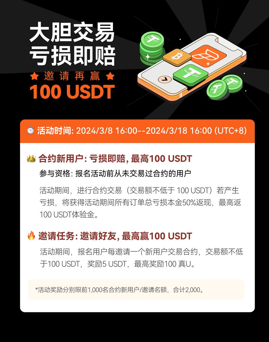 ☀️大膽交易、虧損即賠☀️
#Pionex #派網
<a href="/pionex/"></a> <a href="/pionex_zh/">Pionex派网中文 🤖️</a>
活動時間：2024/3/8 16:00~2024/3/18 16:00 (UTC+8)
合約新用戶：虧損即賠，最高100 USDT

註冊：pionex.com/zh-TW/signUp?r…
 （邀請碼47YyEawT）

活動內容：pionex.com/zh-CN/activiti…