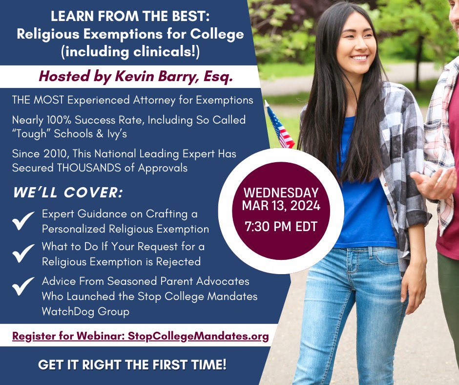 US college students faced with ANY vaccine requirement… You DO have a choice‼️ Learn from the best ~ protect your rights & freedoms 🇺🇸 Go to StopCollegeMandates.org to register for ⬇️ webinar ~ Wed, March 13th @ 7:30pm ET #StopCollegeMandates 🚨