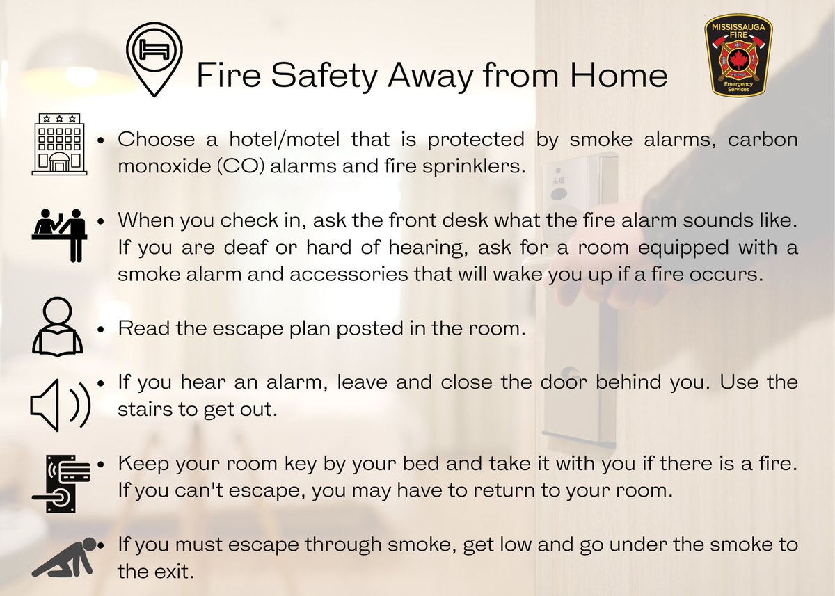 MississaugaFES's tweet image. Heading off on holiday? 🌴 Don't forget to check your hotel or other accommodations fire safety measures! 🔥 Follow these tips. 
#VacationSafety #FireSafetyAwareness