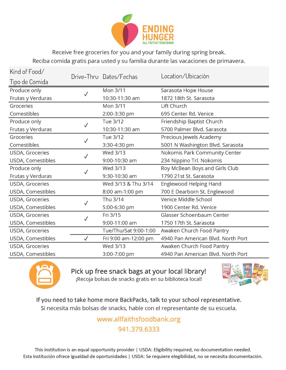 During Spring Break, All Faiths Food Bank will be providing essential groceries and fresh produce to families in need! Please help us spread the word by sharing this post or visit allfaithsfoodbank.org/foodfinder for more details. Together, we can make a difference! 🍊🌟🥑