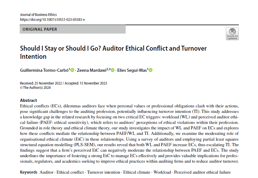 elies_segui's tweet photo. 🚀 Thrilled to share our work in the Journal of Business Ethics! "Should I Stay or Should I Go? Auditor Ethical Conflict and Turnover Intention" dives into the ethical dilemmas auditors face &amp; their effects on job turnover. A look at how workload &amp; ethics shape intentions. #audit https://t.co/WMpCTZ15PY