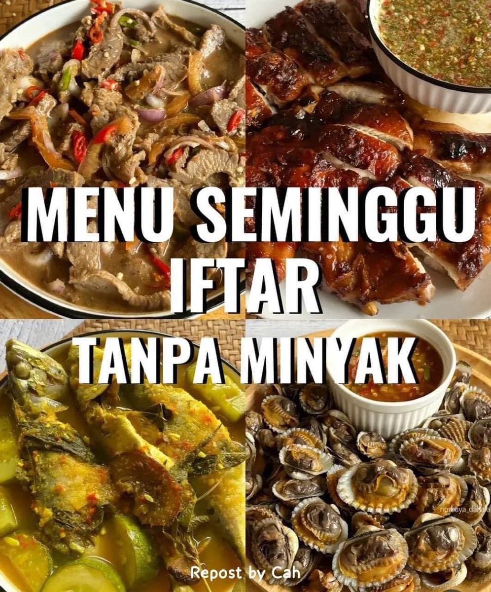 MalaysianFoods's tweet photo. MENU IFTAR RAMADAN SEMINGGU TANPA MINYAK 🥘🍲

Jom kita challenge diri sendiri nak makan tanpa minyak dalam bulan Ramadan nanti 😉. 

Menu mudah je asalkan tak guna minyak tapi sedap. Semoga bermanfaat! 🥰

Kredit: Cah https://t.co/AGmvgamIrN