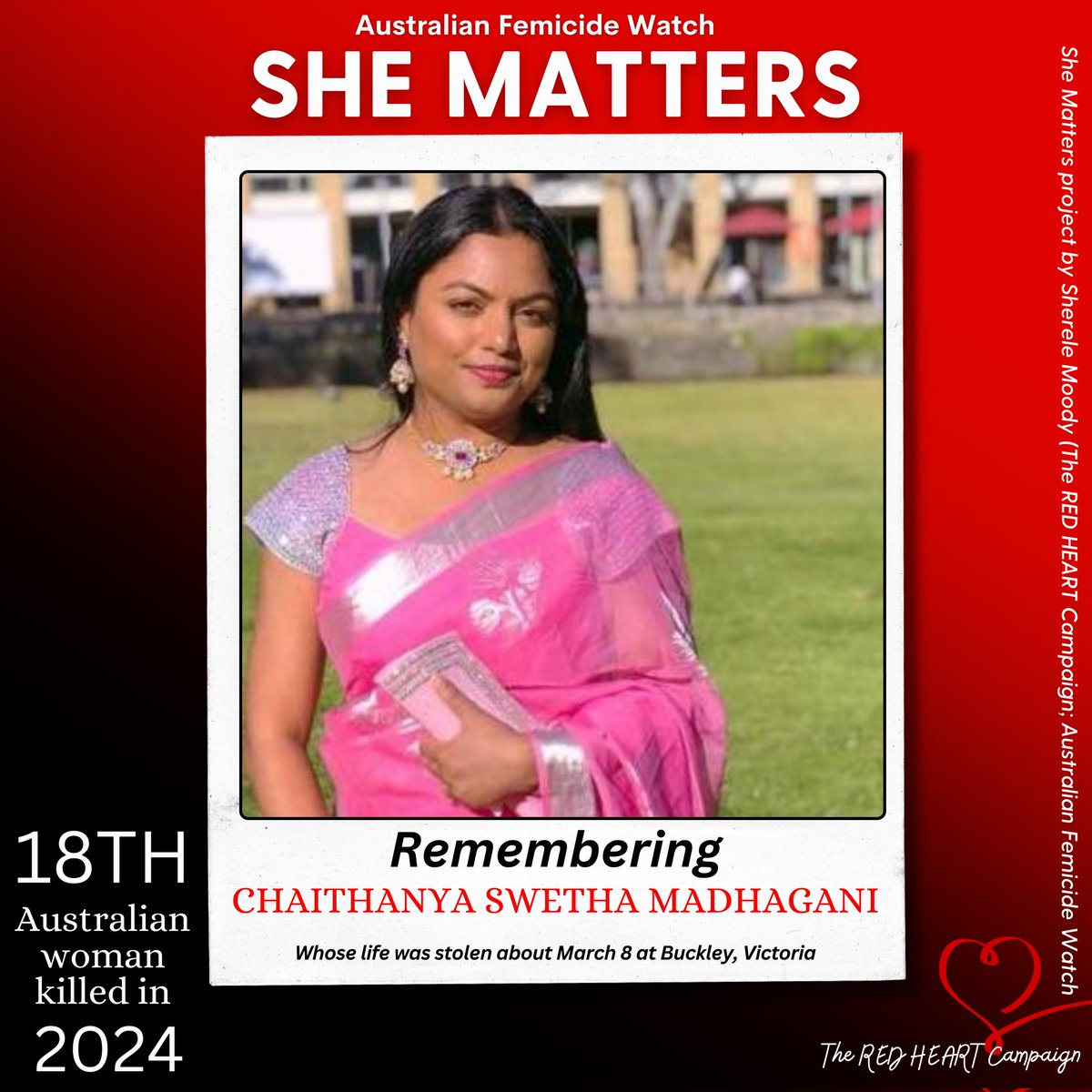 ❤️SHE MATTERS: CHAITHANYA (SWETHA) MADHAGANI!❤️

This is Chaithanya (Swetha) Madhagani. Today Swetha's body was found in a bin on the side of a road in Buckley, Victoria. 
It's believed she was murdered by her husband who has fled the country with her child.
Swetha is the 18th