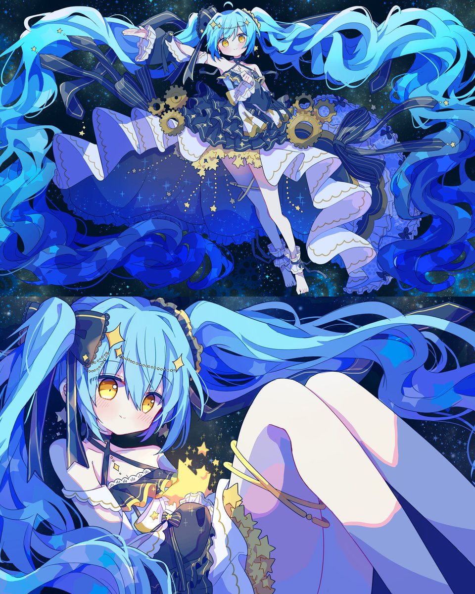 1girl long hair twintails yellow eyes dress very long hair blue hair  illustration images