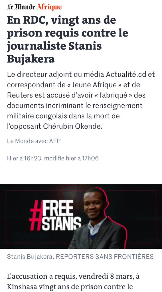 20 ans de prison !!! C’est ce qu’a réclamé le procureur contre le journaliste congolais Stanis Bujakera.

Hallucinant ! 
Ne nous y trompons pas, ce procès est le procès de la liberté de la presse en #RDC .

#FreeStanis #freepress