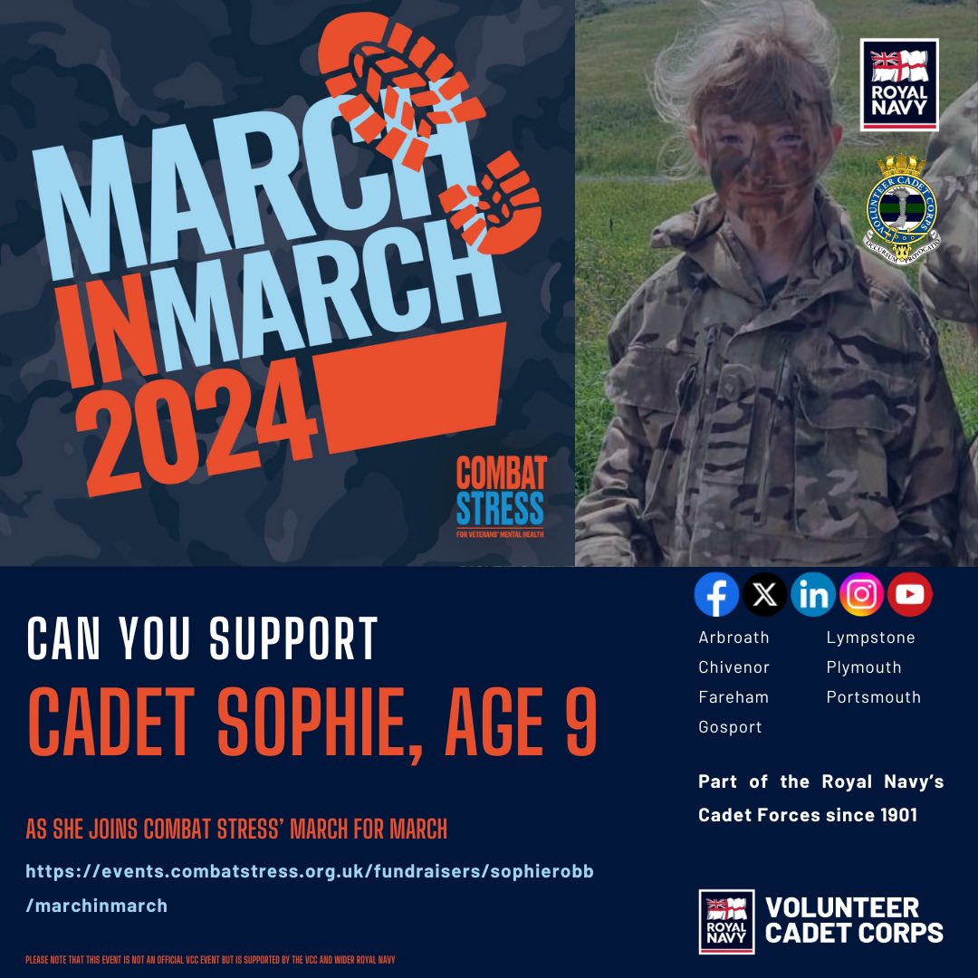This weekend, Cdt Sophie (aged 9!) from @ArbroathRMVCC joins the @CombatStress #MarchinMarch by walking 10 miles to help taking steps to ensure all veterans can access effective mental health services. Please share & donate to her fundraising page! events.combatstress.org.uk/fundraisers/so…