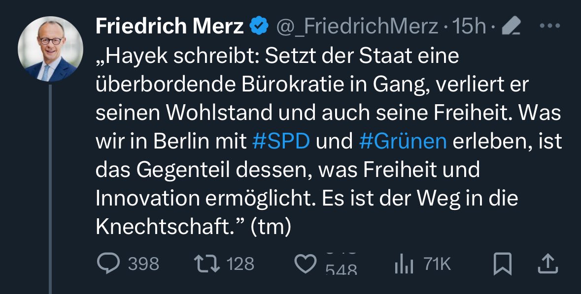 Lieber @_FriedrichMerz, was Sie da schreiben, ist nicht nur falsch sondern auch populistisch: 1. Die Ampel versucht gerade (gegen den Widerstand ihrer CDU) Bürokratie abzubauen. #Wachstumschancengesetz 2. Als Venture Capitalist weiß ich, dass Freiheit und Innovation in…